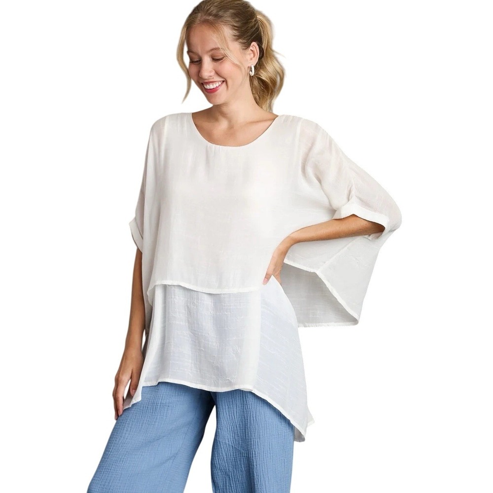 Umgee Layered Lagenlook Tunic Top White Lightweight‎ Textured Resort Sz Small